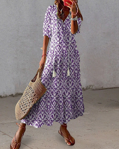 Andrea - Stylish vintage bohemian dress with V-neck and print