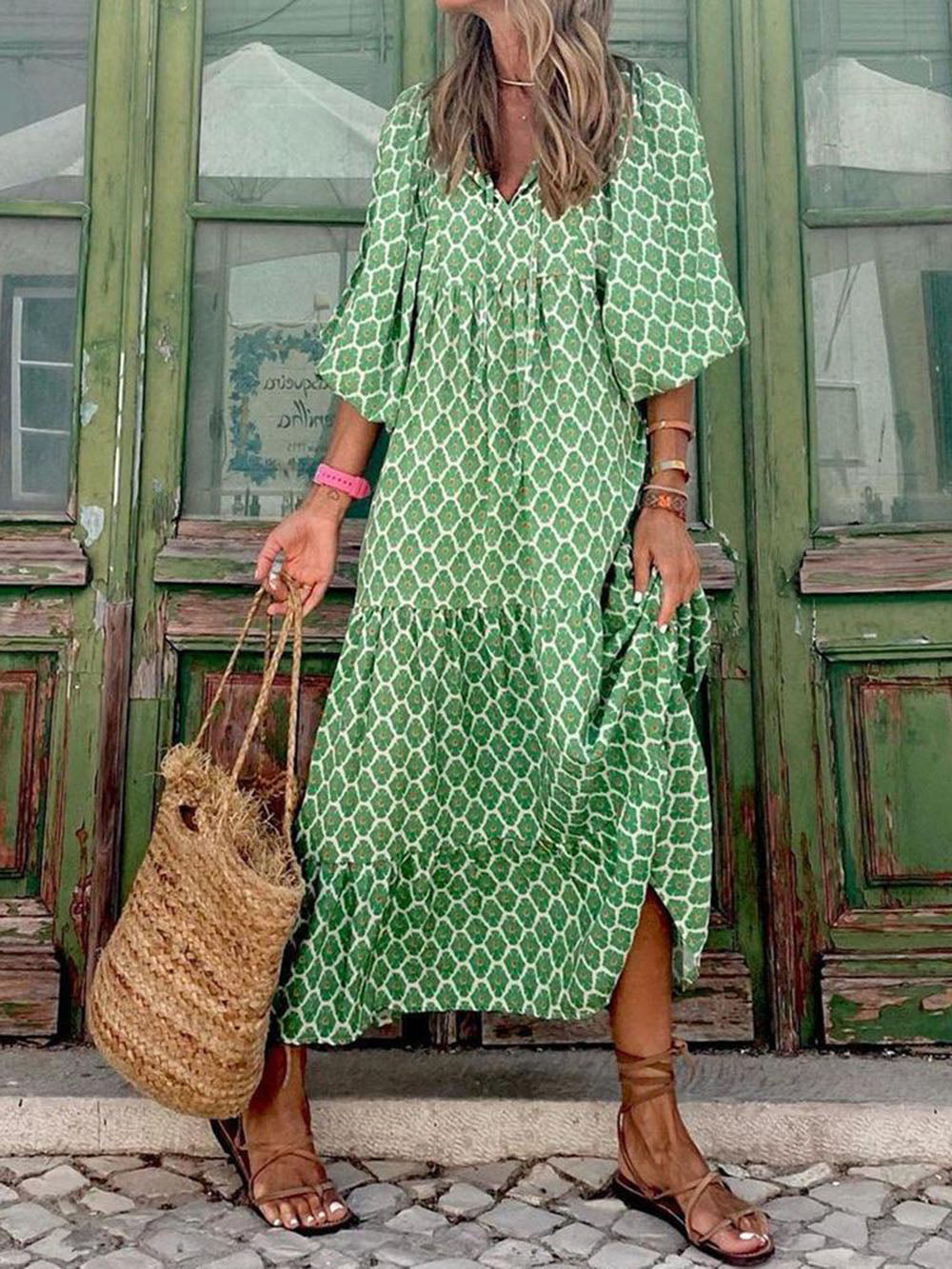 Cassandra | Boho Printed V‑Neck Maxi Dress