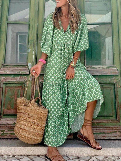 Cassandra | Boho Printed V‑Neck Maxi Dress