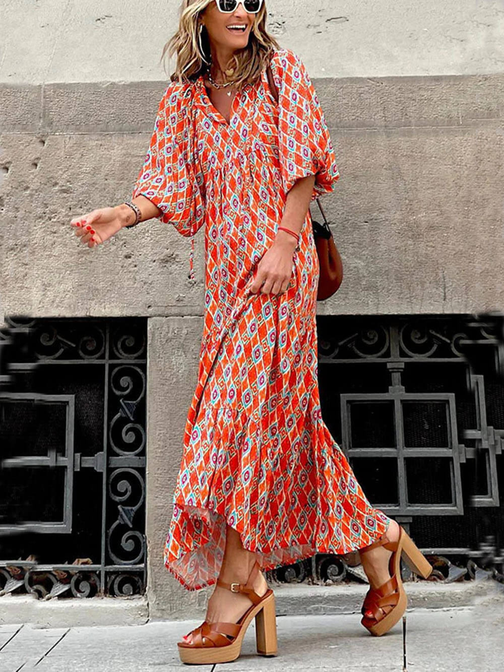 Cassandra | Boho Printed V‑Neck Maxi Dress