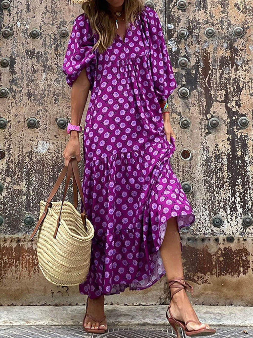 Cassandra | Boho Printed V‑Neck Maxi Dress