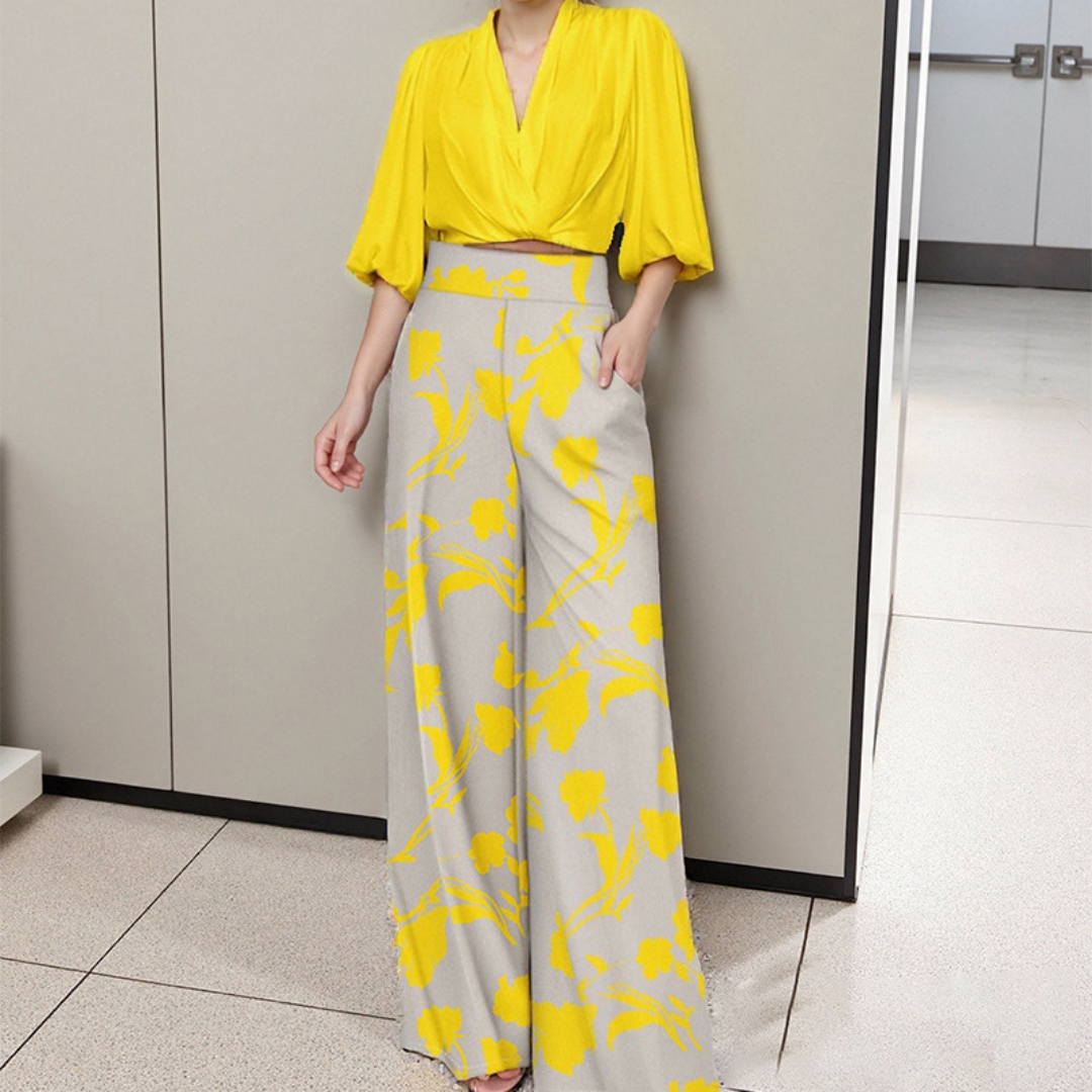 Isla – Wrap Plunge Crop Top & Floral Wide-Leg Pants Set