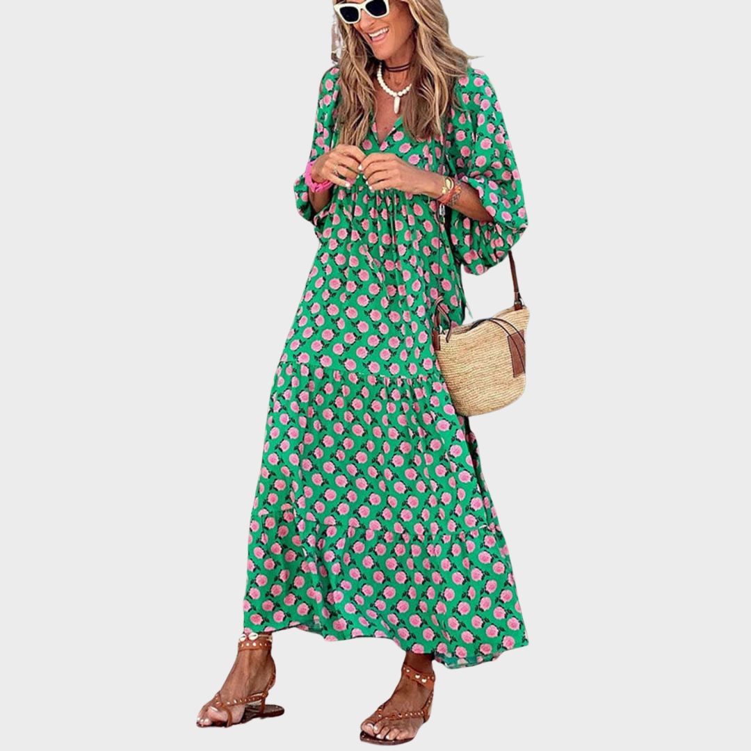 Cassandra | Boho Printed V‑Neck Maxi Dress