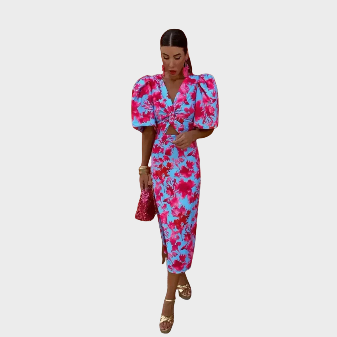 Arielle™ | Colourful Midi Dress with Pleated Sleeves