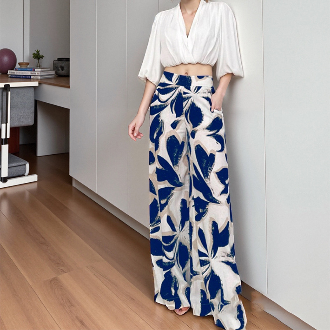 Isla – Wrap Plunge Crop Top & Floral Wide-Leg Pants Set