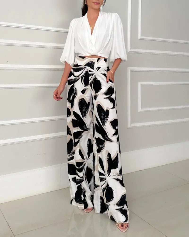 Isla – Wrap Plunge Crop Top & Floral Wide-Leg Pants Set