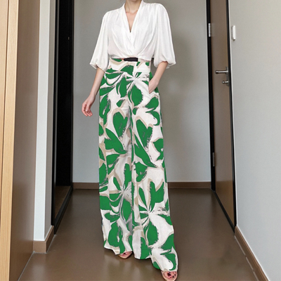 Isla – Wrap Plunge Crop Top & Floral Wide-Leg Pants Set