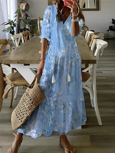 Andrea - Stylish vintage bohemian dress with V-neck and print