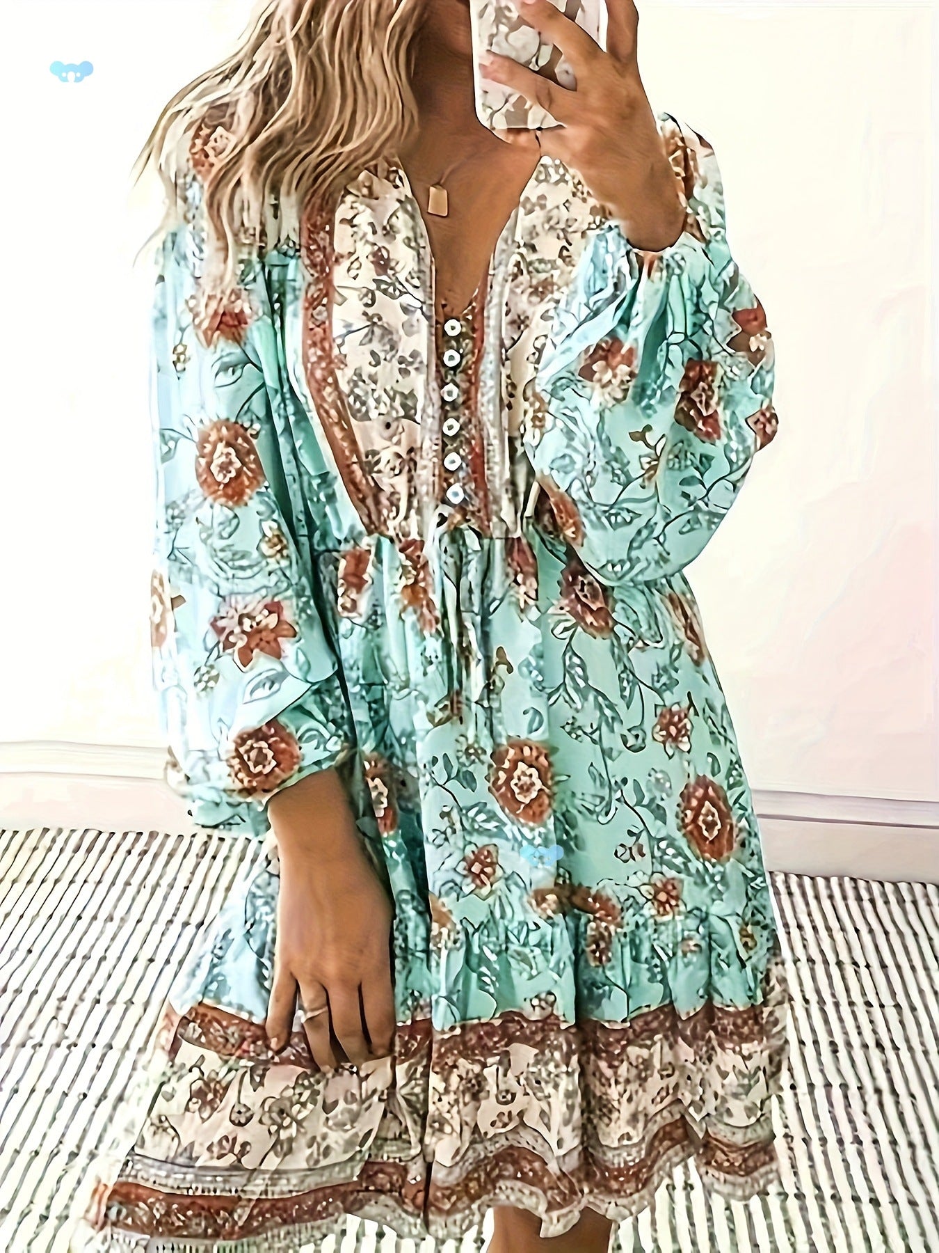 Tina | Boho Floral V Neck Dress with Lantern Sleeves
