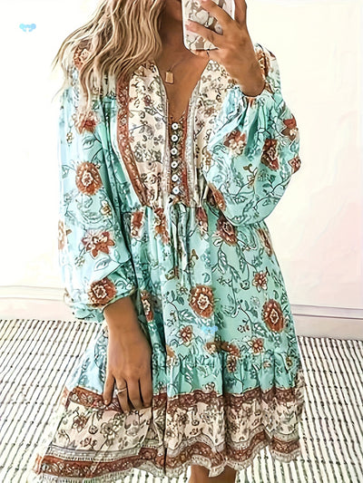 Tina | Boho Floral V Neck Dress with Lantern Sleeves