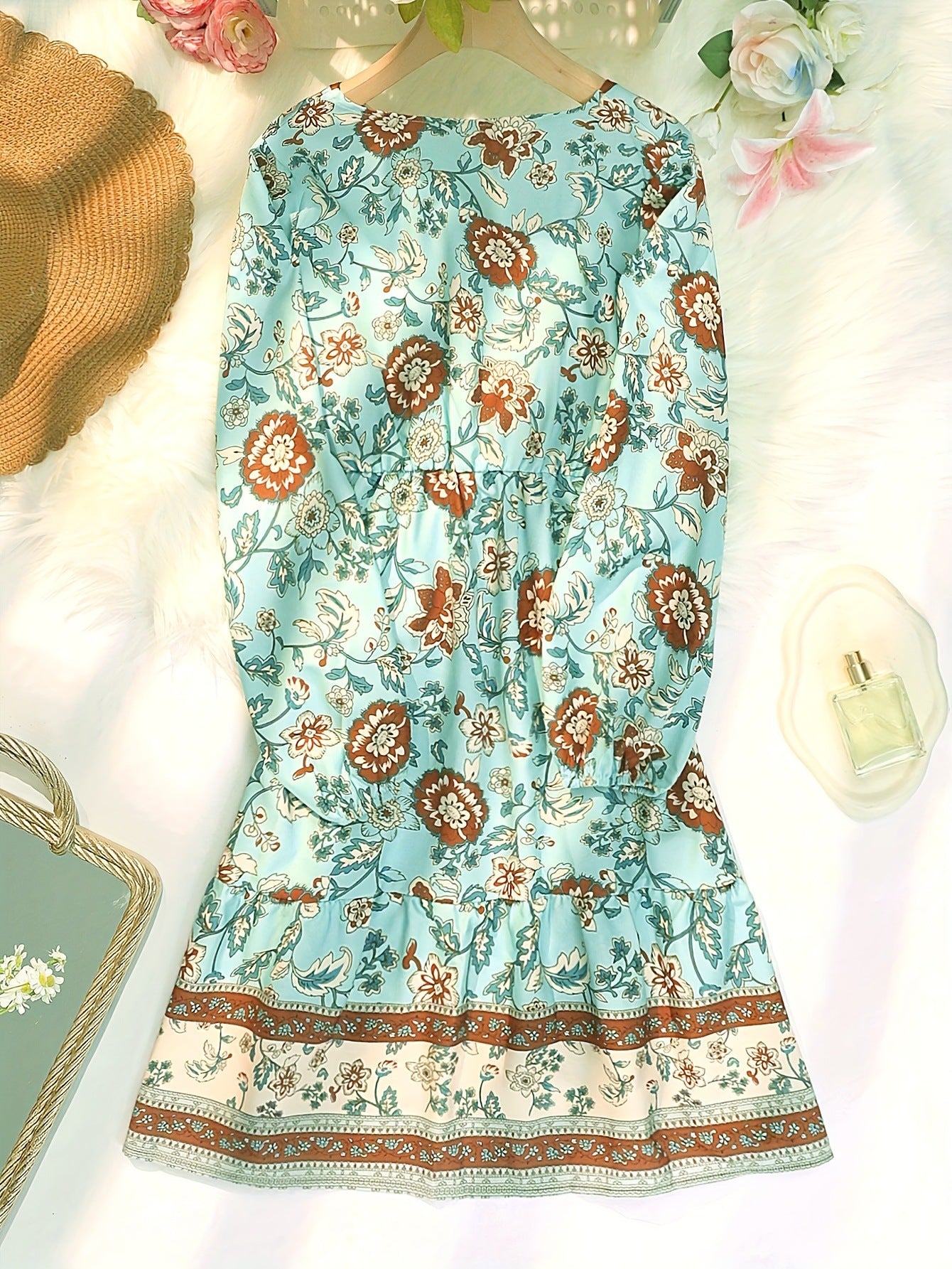 Tina | Boho Floral V Neck Dress with Lantern Sleeves