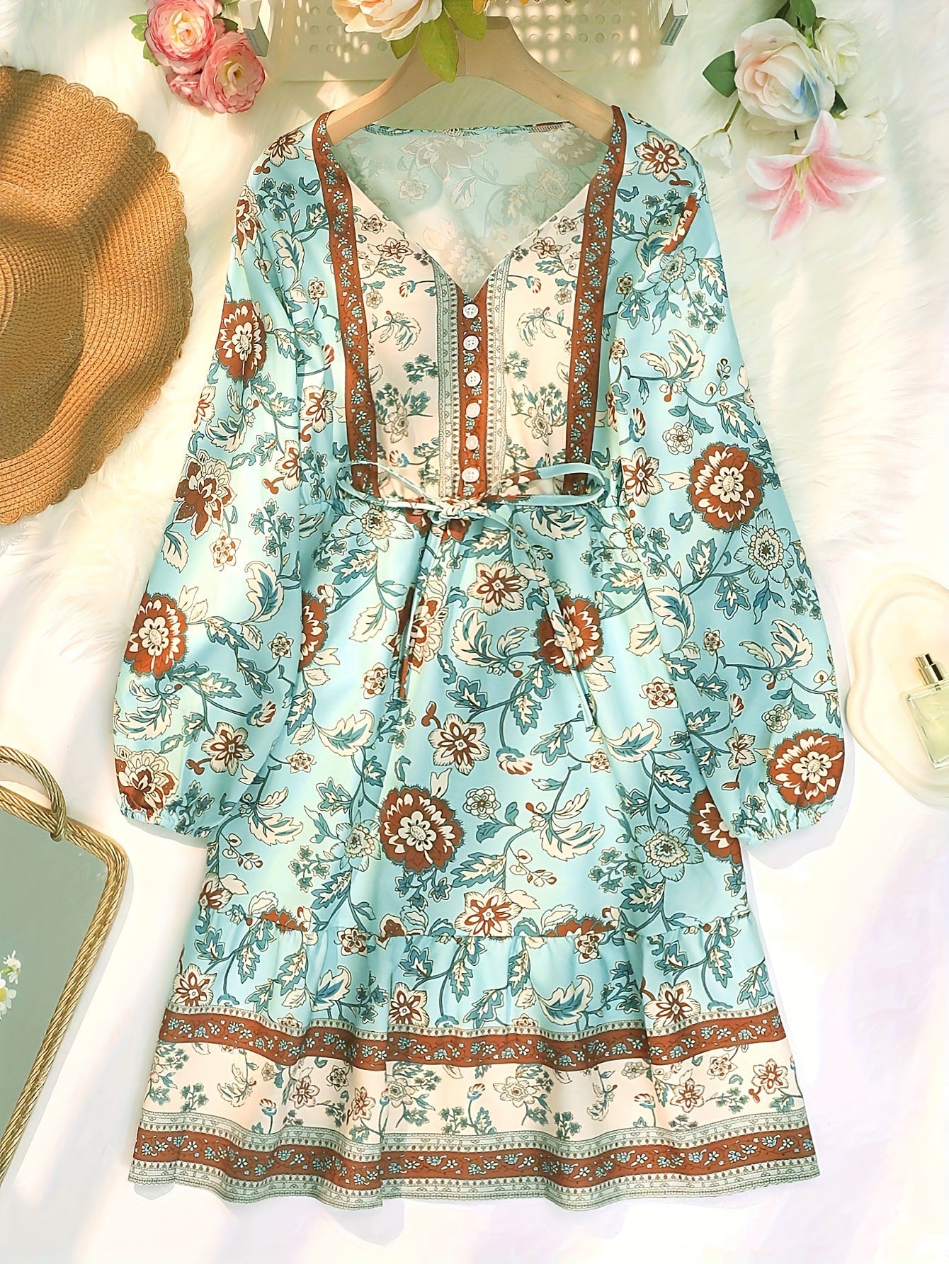 Tina | Boho Floral V Neck Dress with Lantern Sleeves