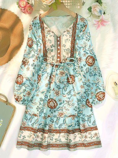 Tina | Boho Floral V Neck Dress with Lantern Sleeves