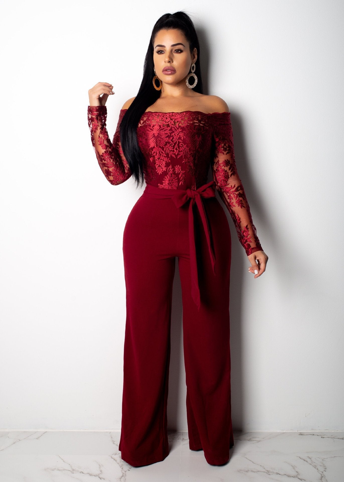 Elena – Off-Shoulder Lace Patch Slim Fit Jumpsuit