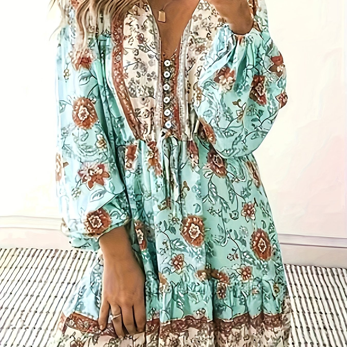Tina | Boho Floral V Neck Dress with Lantern Sleeves