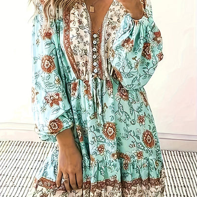 Tina | Boho Floral V Neck Dress with Lantern Sleeves