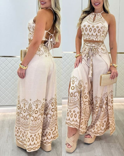 Zara – Tribal Print Tie-Back Top & Slit Wrap Pants Set