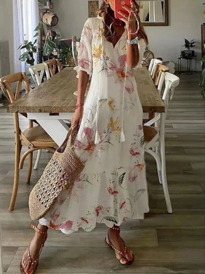 Andrea - Stylish vintage bohemian dress with V-neck and print