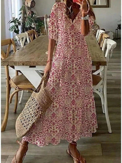 Andrea - Stylish vintage bohemian dress with V-neck and print